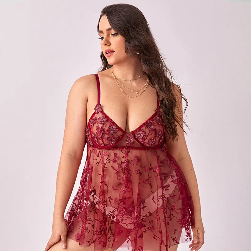 XL-4XL Plus Size Sexy Nightdress Ladies Mesh Sling Backless Flower Applique Perspective Sleepwear Transparent Lingerie For Women