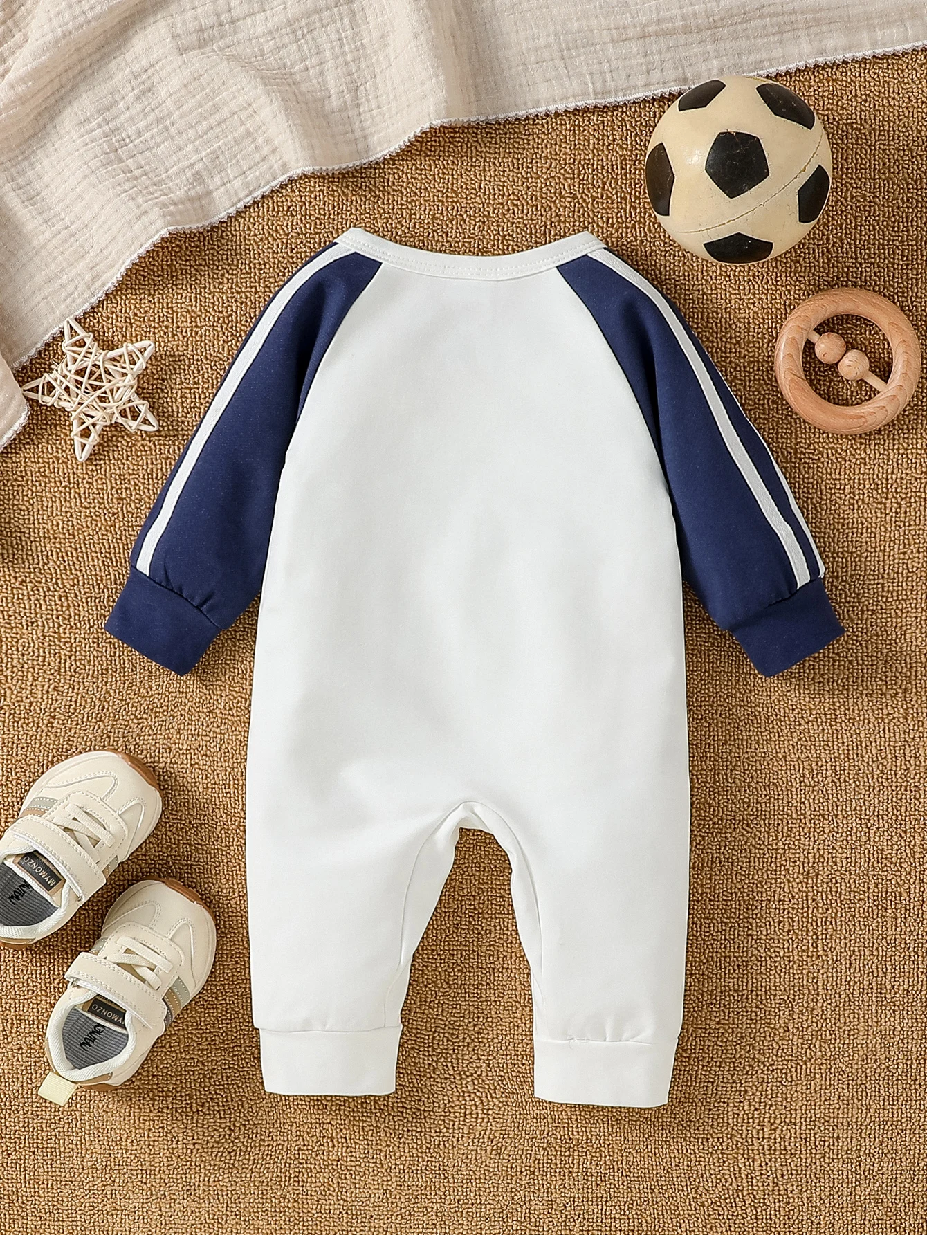 0-1Y Baby Boys Cotton White Fall Long Sleeve Print Letter &Rugby Fashion Sport Style Jumpsuit Casual Daily Wear