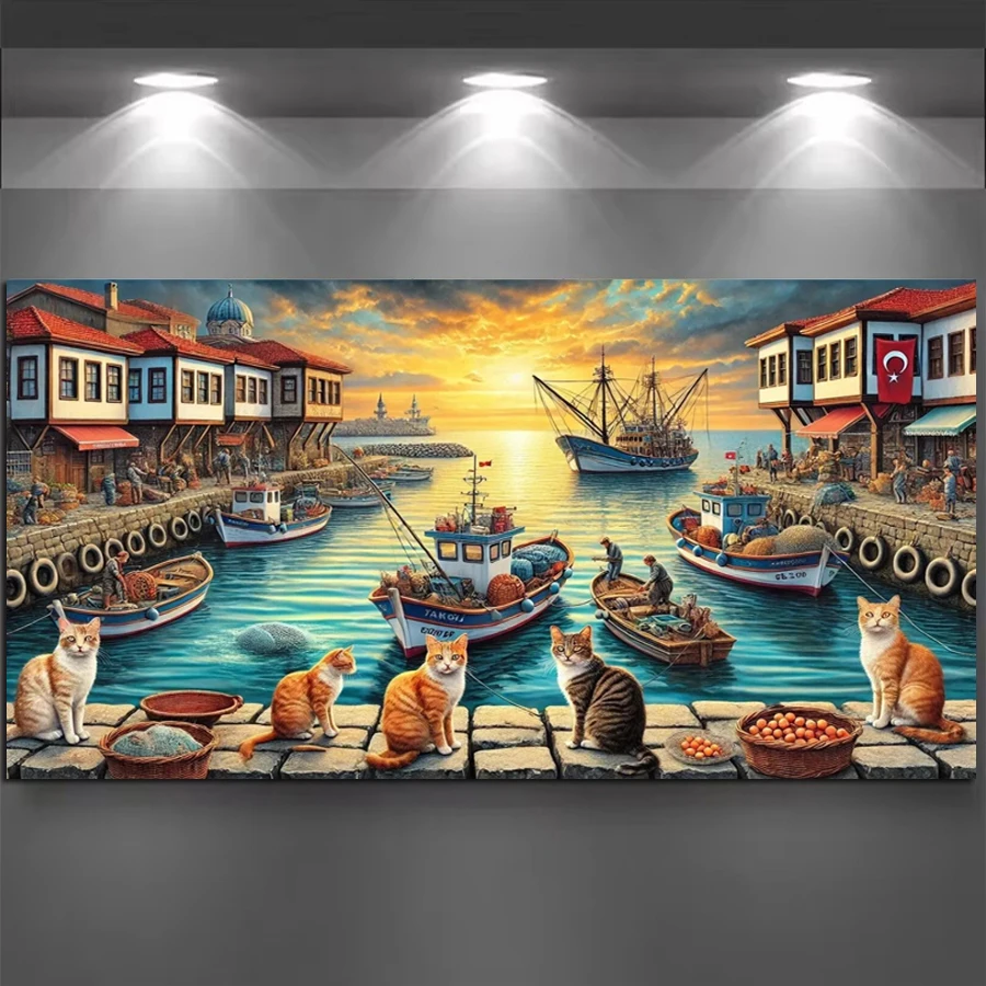 Harbor Fishing Boats Cats Picture Large Size Diy Diamond Art Painting Animal Full Square Round Drill Mosaic Embroidery Kits