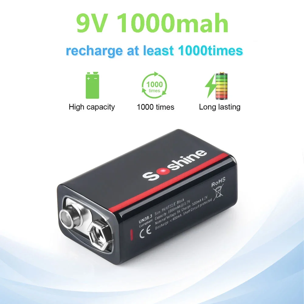 Soshine 9V 1000Mah Usb Lithium-Ion Batterijen 9V 6f22 Li-Po Batterij Constante Spanning 9V Output Usb Li-Ion Oplaadbare Batterijen