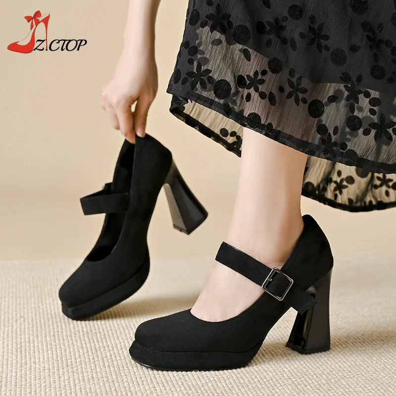 

Vintage High Heels Women 2025 Spring Suede Platform Mary Jane Chunky Heeled Shoes Party Black Square Toe Pumps 10cm