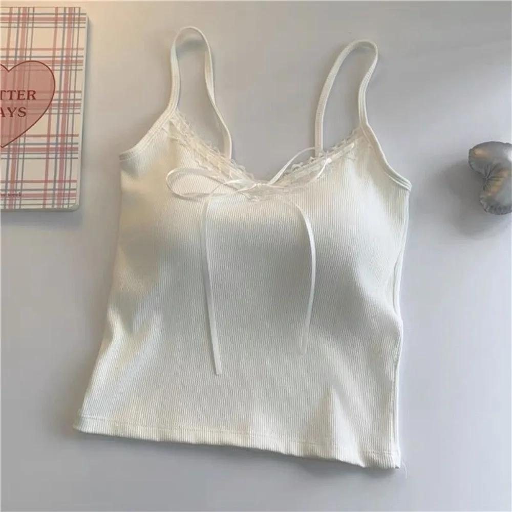 

Fashion Sleeveless Slim Lace Crop Top Y2k Sweet Girl's Vest Top Solid Color Bottoming Shirt Camisole with Pads Lady