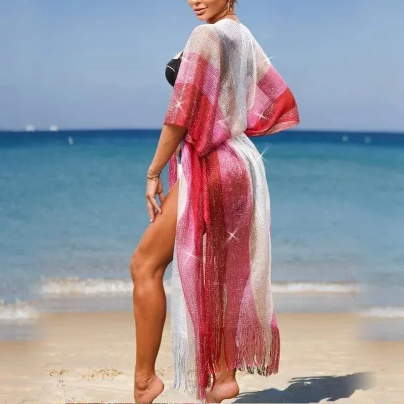 Tassel White Gold Kimono Bikini Cover-ups Sexy Tunics Beach Dress Women Clothing Beach Outfits Swimsuits Woman 2025 New Cover Up