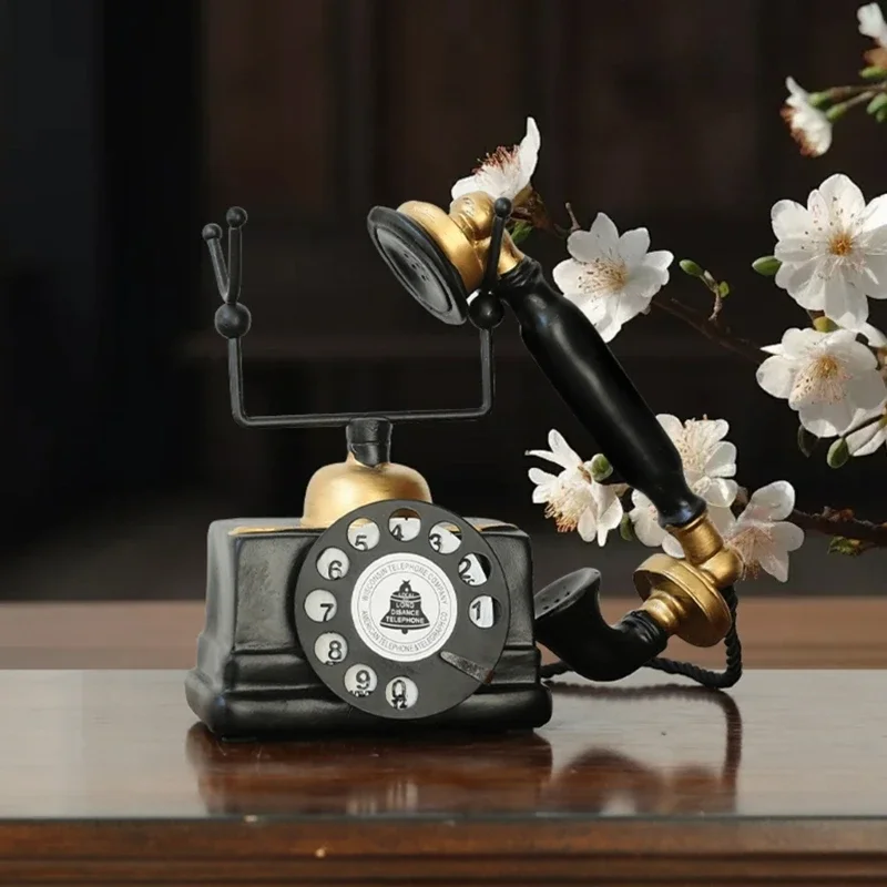 Nostalgic Rotary Dials Phone Figurine, Distressed Antique Resins Corded Landline Telephone Replicas Model for Desk Shelf Y5GB