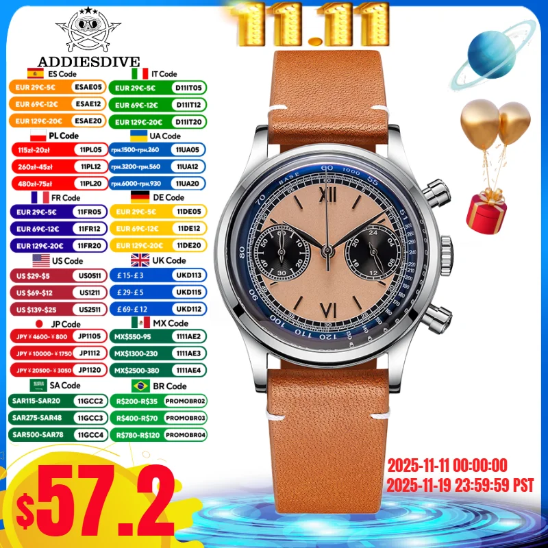 Addiesdive ساعة ترفيهية للرجال ساعة جلدية 10Bar مقاوم للماء VK64 Reloj Hombre متعددة الوظائف كرونوغراف ساعات كوارتز #1