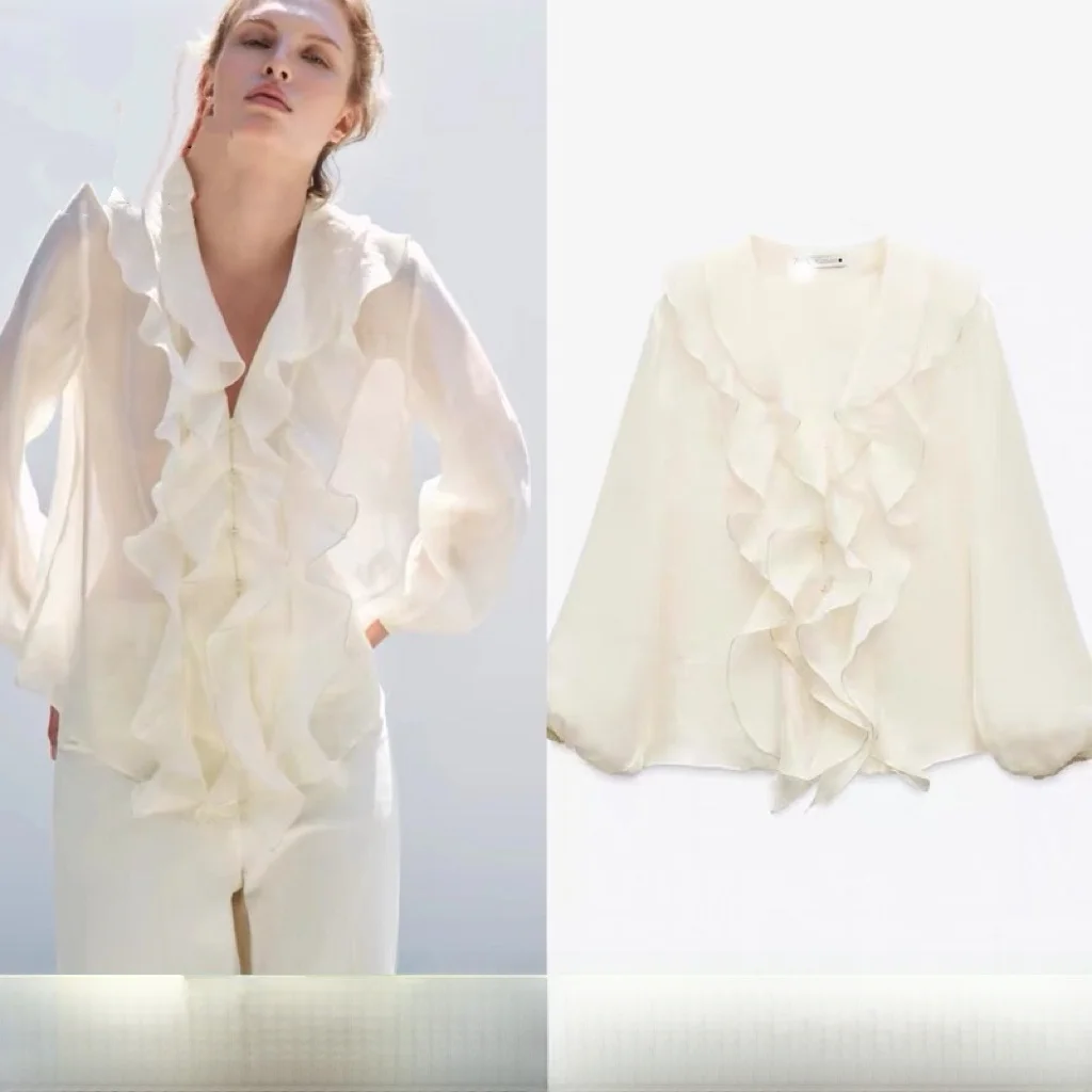 

Spring 2025 Women's Casual Loose Long Sve V-Ne Decorative irt Top Sweet Sle Regular Length Faion Ladies' Blouse