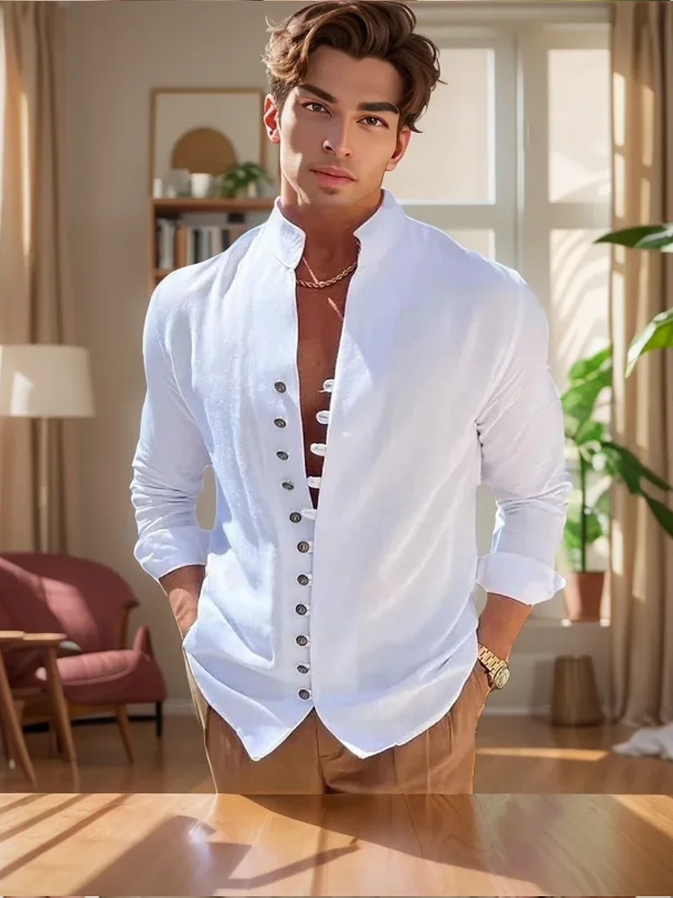 Camisa de manga larga para hombre, cárdigan vintage de algodón y lino, color sólido, talla grande, informal, holgado, ropa de moda de alta calidad