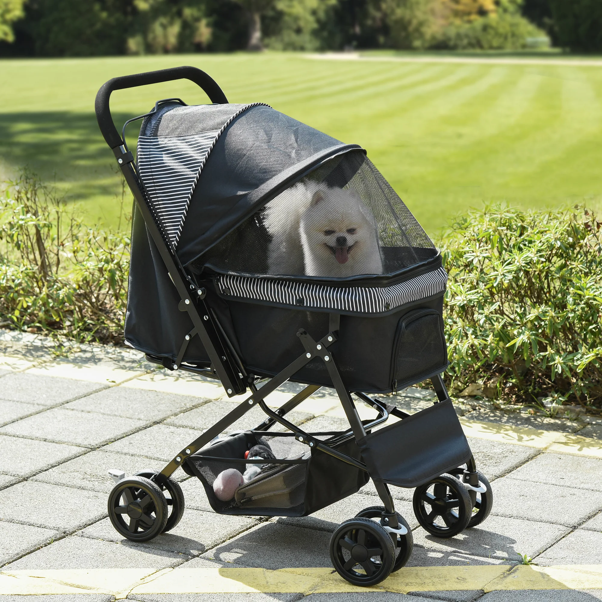 PawHut huisdieren hondenbuggy met 4 wielen, EVA-handvat, verstelbare bak en opbergvak - L76,5 x B52 x H95 cm
