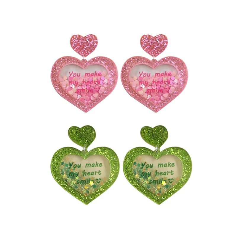 

Creative pink glitter 3D heart-shaped letter printed earrings acrylic fashionable and cute lover friend earrings jewelry gifts