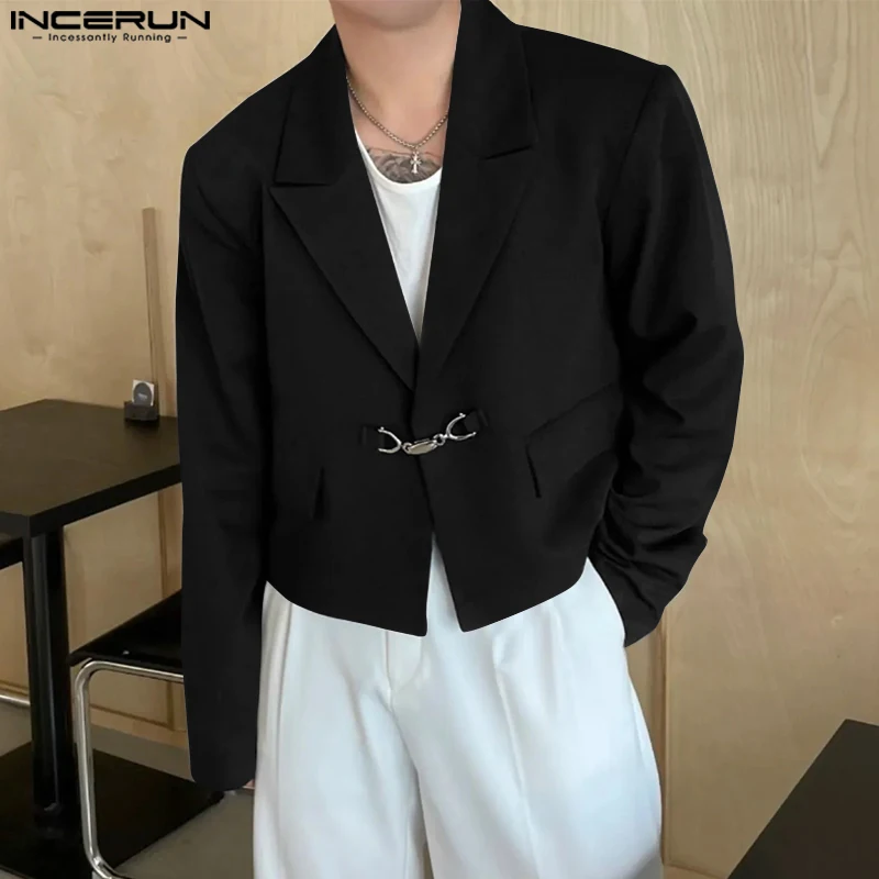 INCERUN Tops Korean Style Fashion New Men Metal Buckle Design Cropped Suit Coat Casual Simple Male All-match Long Sleeved Blazer