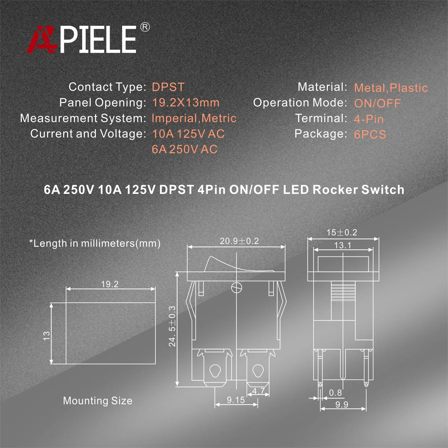 APIELE 2 Position ON-Off Rocker Toggle Switch AC 125V/10A, 250V/6A with LED Light DPST 4 Pins 6Pcs KCD1-4-201N