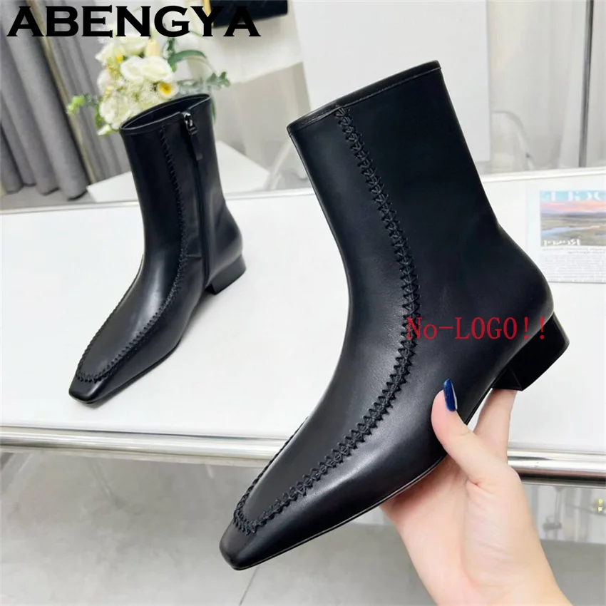 

Women Genuine Leather Boots Brown Black Luxury Chelsea Ankle Boots Trendy Flat Heels back Zipper Goth Shoes French Woman Boots