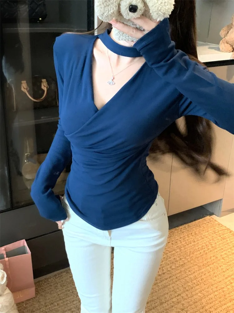 

Slim Fit Long Sleeve V-Neck Cross T-Shirt Women's Autumn Winter Blue Skin-Tightening Base Shirt Top Korean Style Knitted Knit...