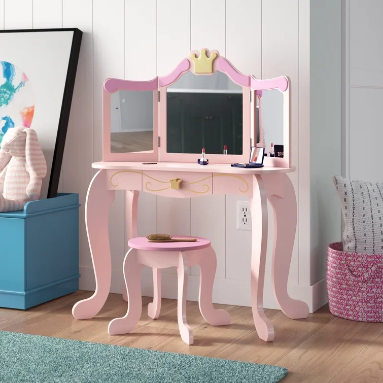 Ready to Ship Pink Kid Image Girl's Home Furniture Wooden Stool Mirror Dresser Desk Set Room Girls Bedroom Dressing Tablepromote