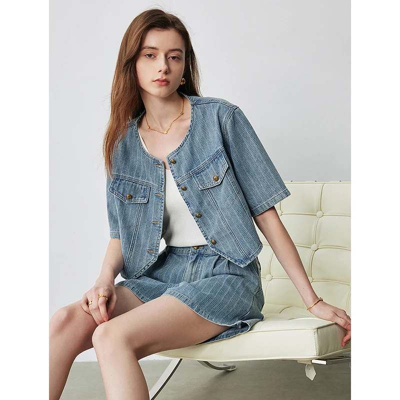 TOYOUTH Women Denim Suit 2024 Summer New Loose Top And Shorts Two-Piece Set