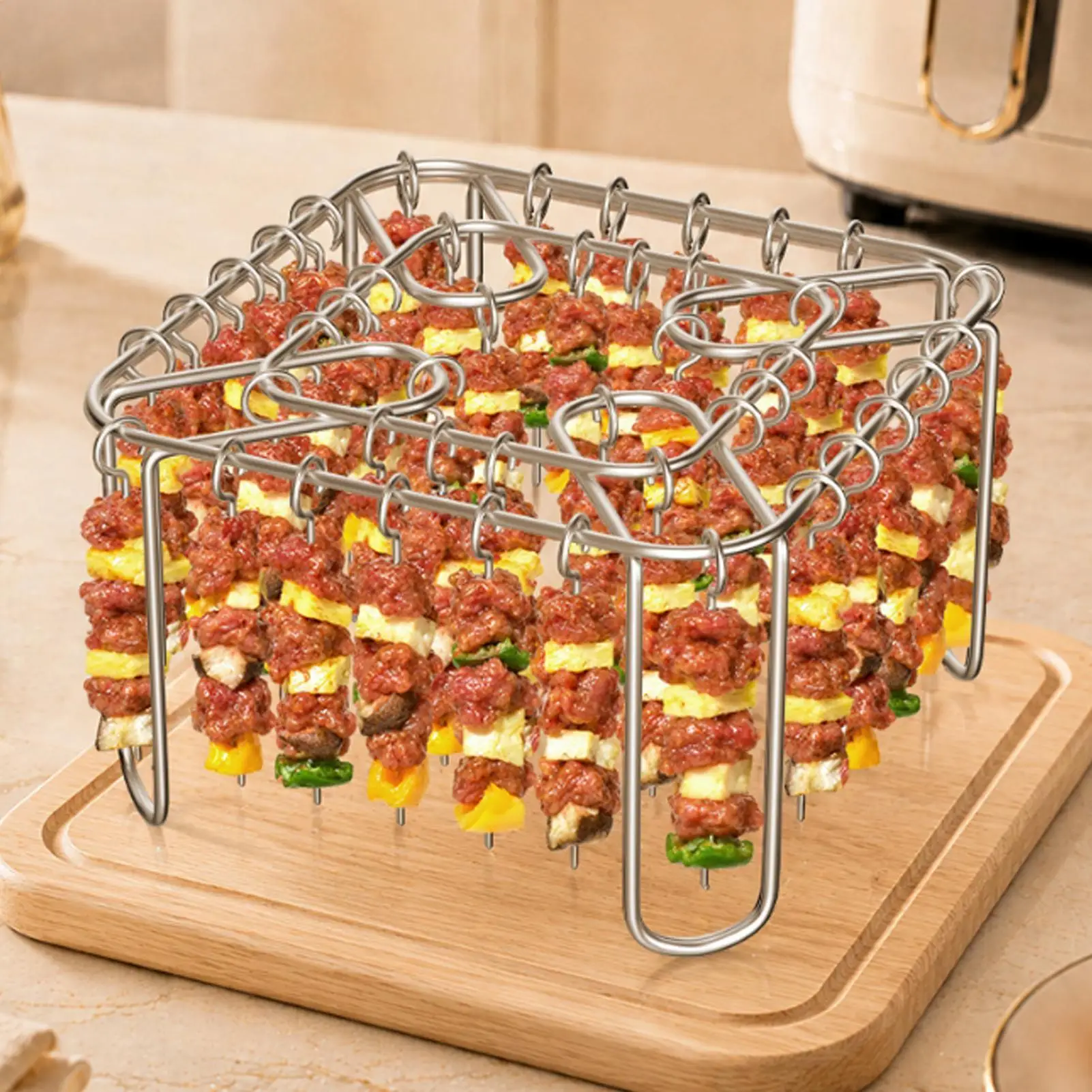 Air Fryer Rack Stainless Steel No Flipping Grilling Stand with 40 Skewers Barbecue Accessories for Outdoor Camping Home Kitchen