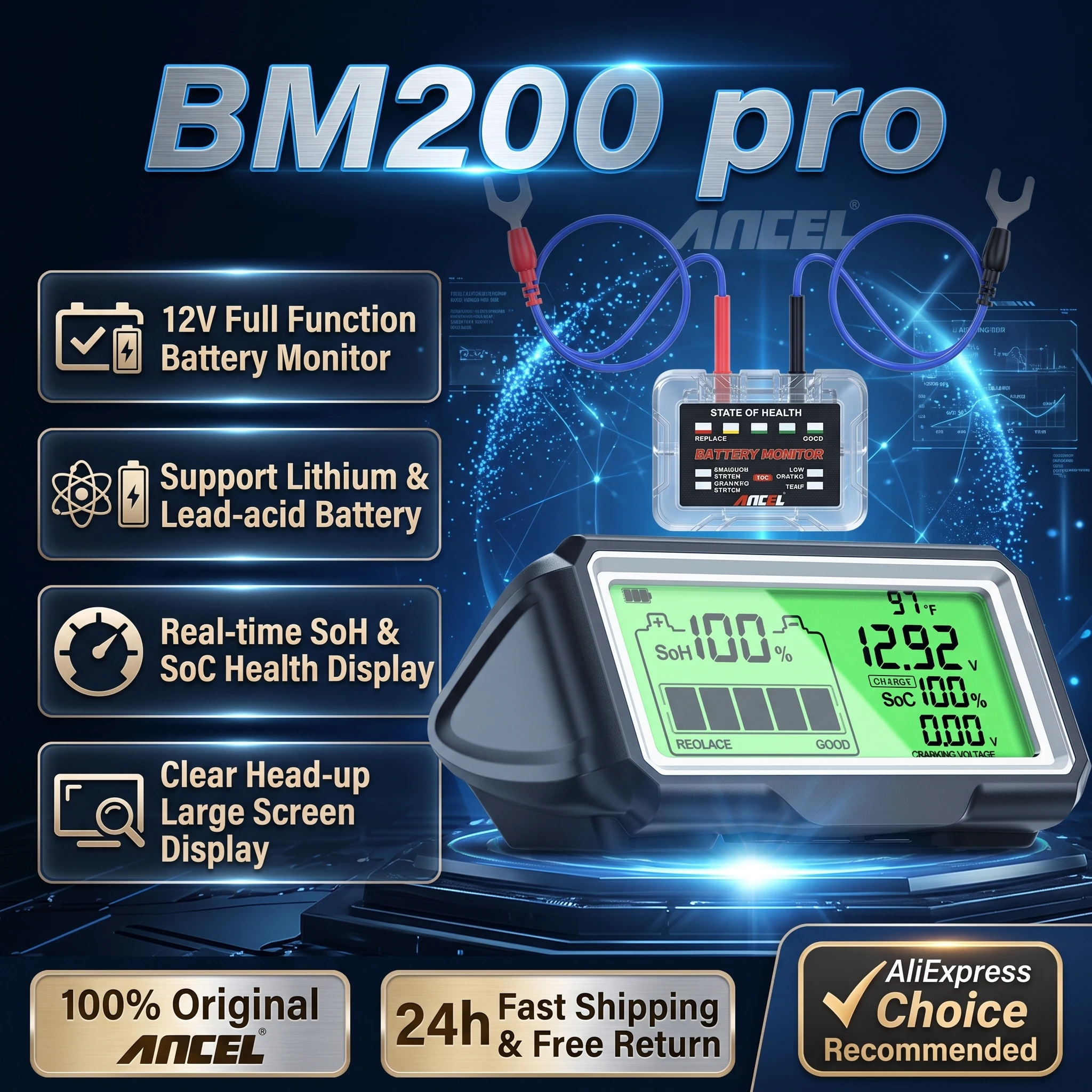 Ancel bm200 pro led testador de bateria para 12v monitor de bateria display saúde da bateria soh soc testador analisador ferramentas testador de carregamento