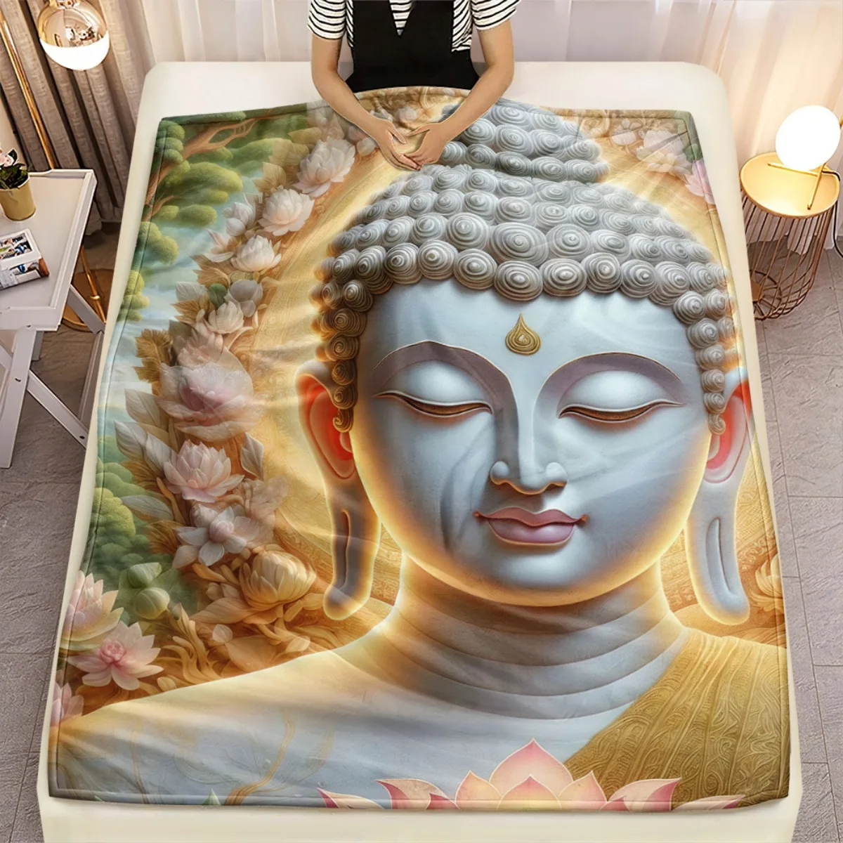 Buddha face lotus flower blanket flannel spiritual meditation yoga blanket peaceful home decor religious gift