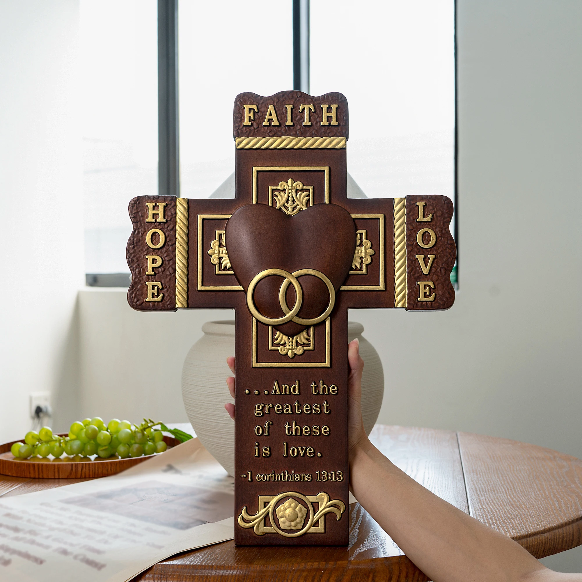 Vintage Carved Wooden Cross for Couple Faith Hope Love Scripture Wall Plaque with Interlocked Rings & Heart Religious Wedding Ba