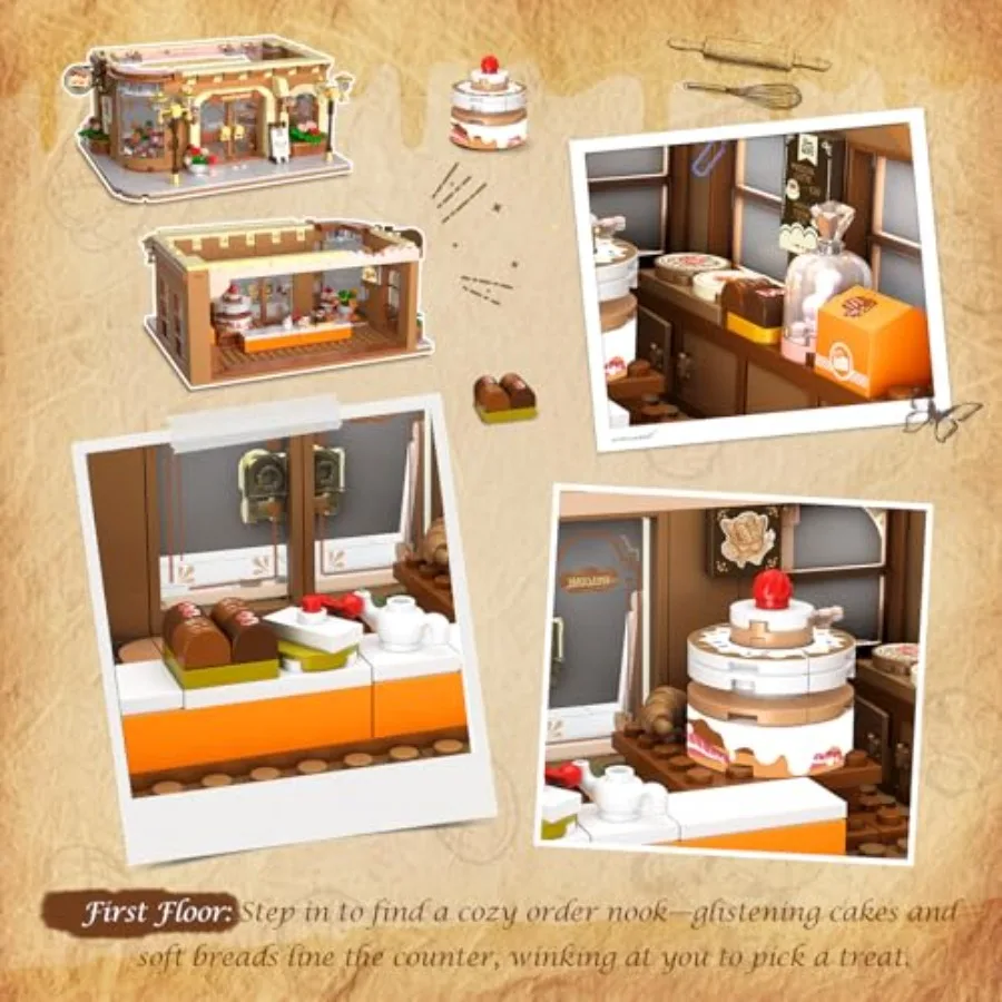 مجموعة بناء محل القهوة والمخابز مع إضاءة، نموذج عرض لمقهى المدينة ومخبز، لعبة تركيب مكونة من 1289 قطعة