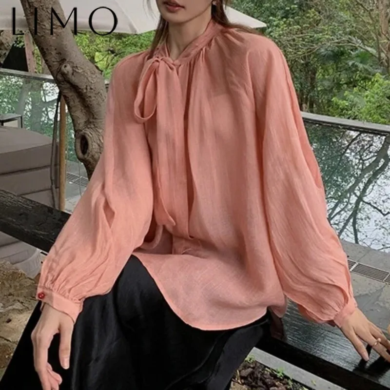

LIMO Designer Women's Chiffon Blouse Lantern Sleeve Tie Detail Casual Elegant Lightweight Spring Summer 2025 Chic Minimalist