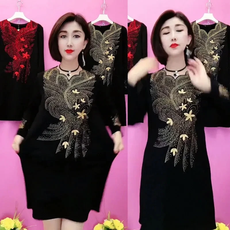 Advanced Sense Hot Diamond Dress Autumn Winter Add Velvet Thick Middle Aged Female Embroidered Dress Mother Dress Large Size 6XL