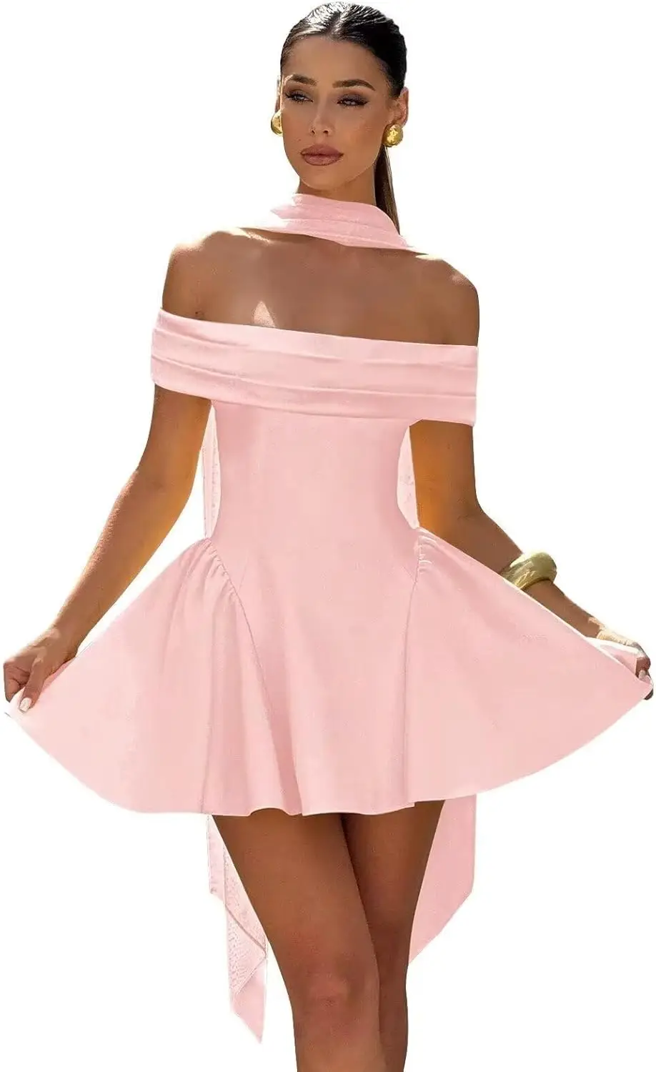 

Teens 2025 Strapless Satin Homecoming Dress Off-Shoulder Short Prom Cocktail Gown with Scarf Above-Knee Mini