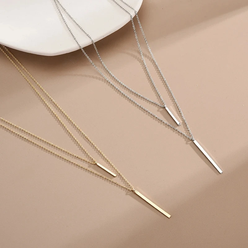 925 Sterling Silver Trendy Square Long Strip Double Necklace for Women Simple and Exquisite Pendant Clavicle Chain Fine Jewelry