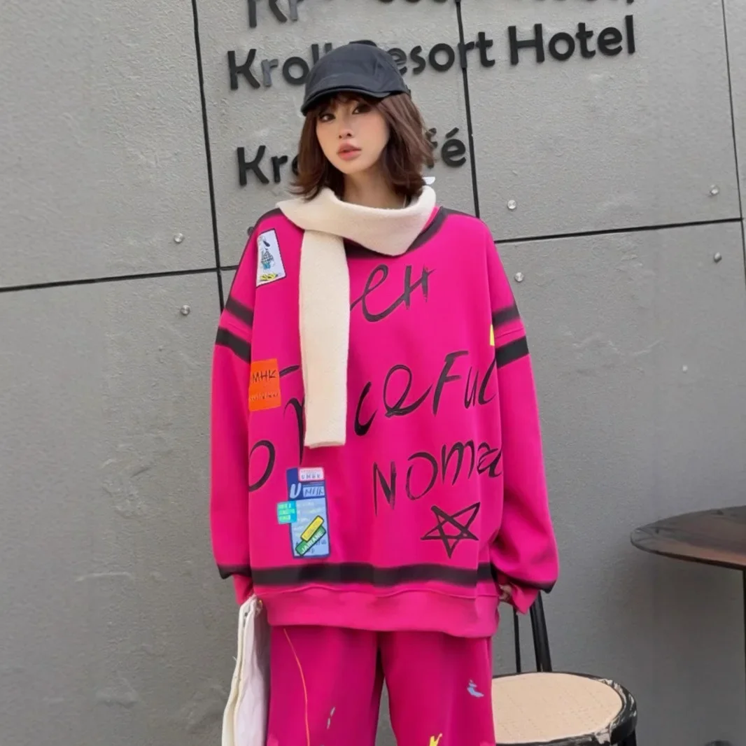 2025 New Spring and Autumn Oversized Sweatshirts Versatile Letter Printing Fashion Casual Loose Top Women Clothing Kawaii