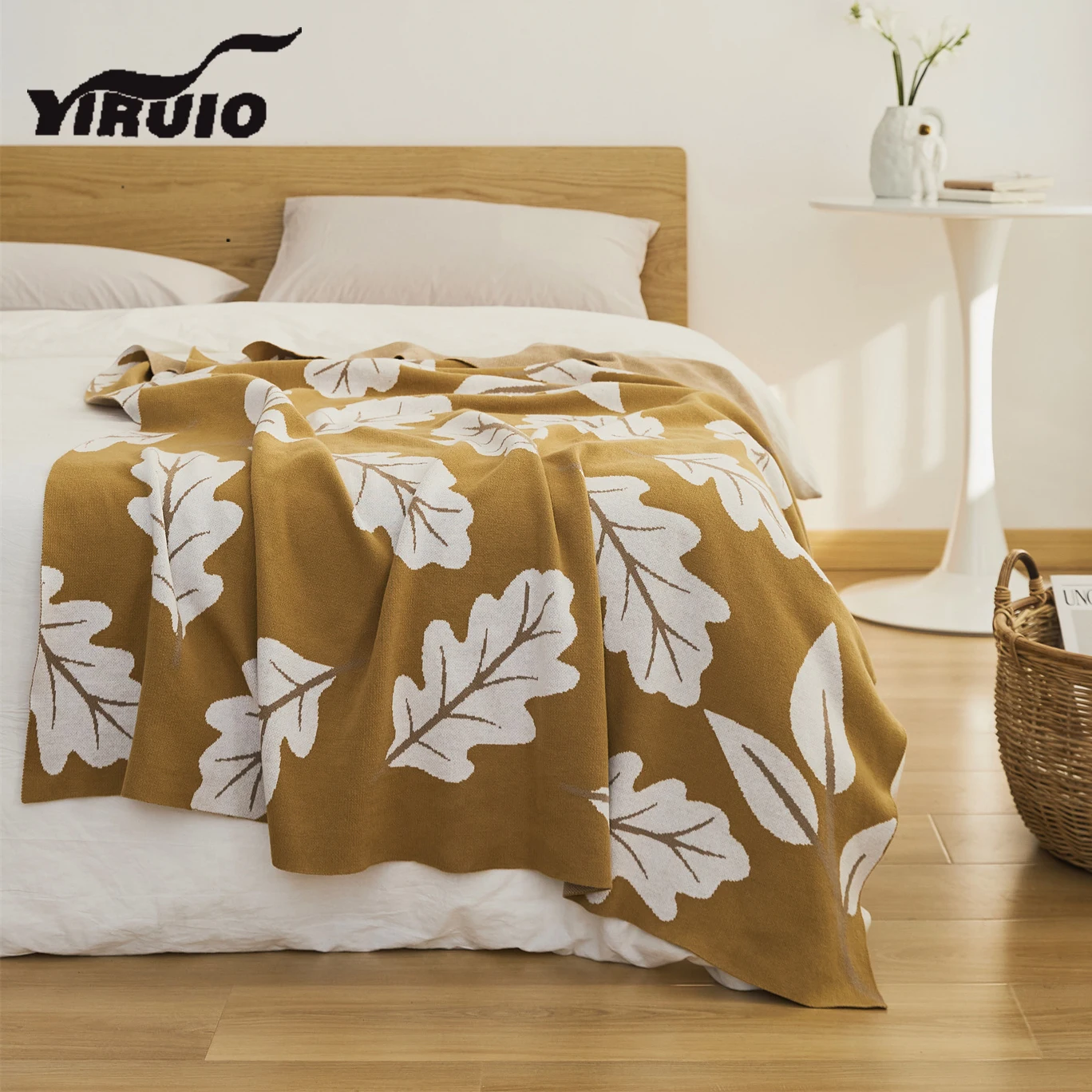 YIRUIO Vintage Yellow Leaves Jacquard Blanket Throw Autumn Home Decor Soft Warm Cotton Knitted Blanket For Sofa Bed Chair Picnic