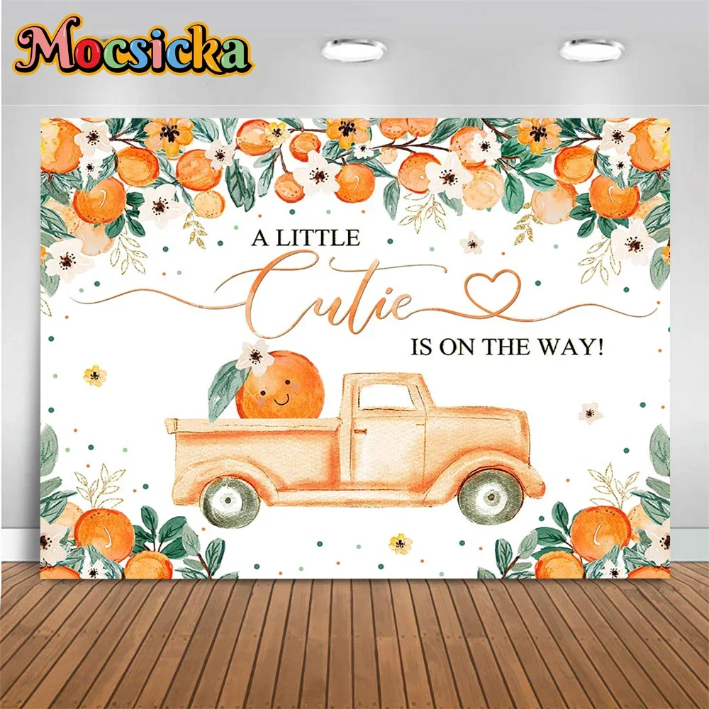 

A Little Cutie Is On the Way Baby Shower Photography Backdrop Orange Flowers Truck Background Newborn First Birthday Photocall