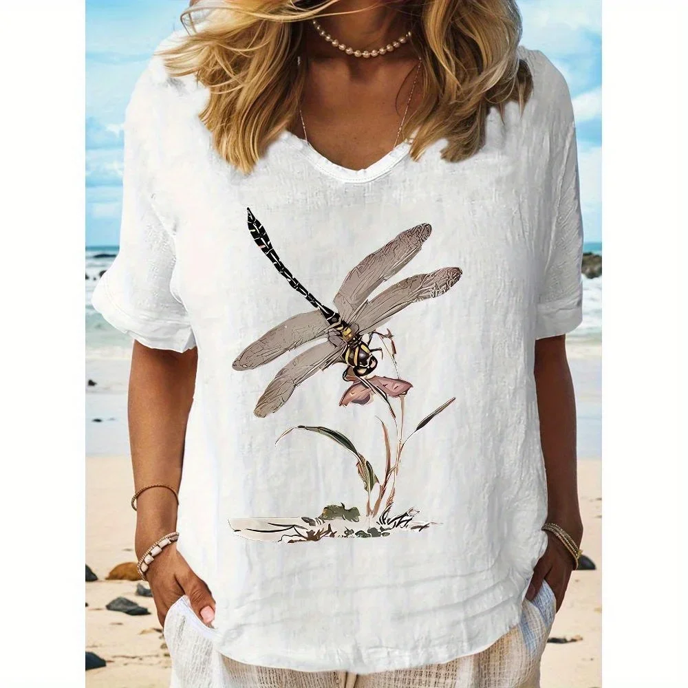 

Women's Dragonfly Print Loose Fit V-Neck T-Shirt - Short Sleeve Casual Top with Artistic Floral & Dragonfly Design, Breathable