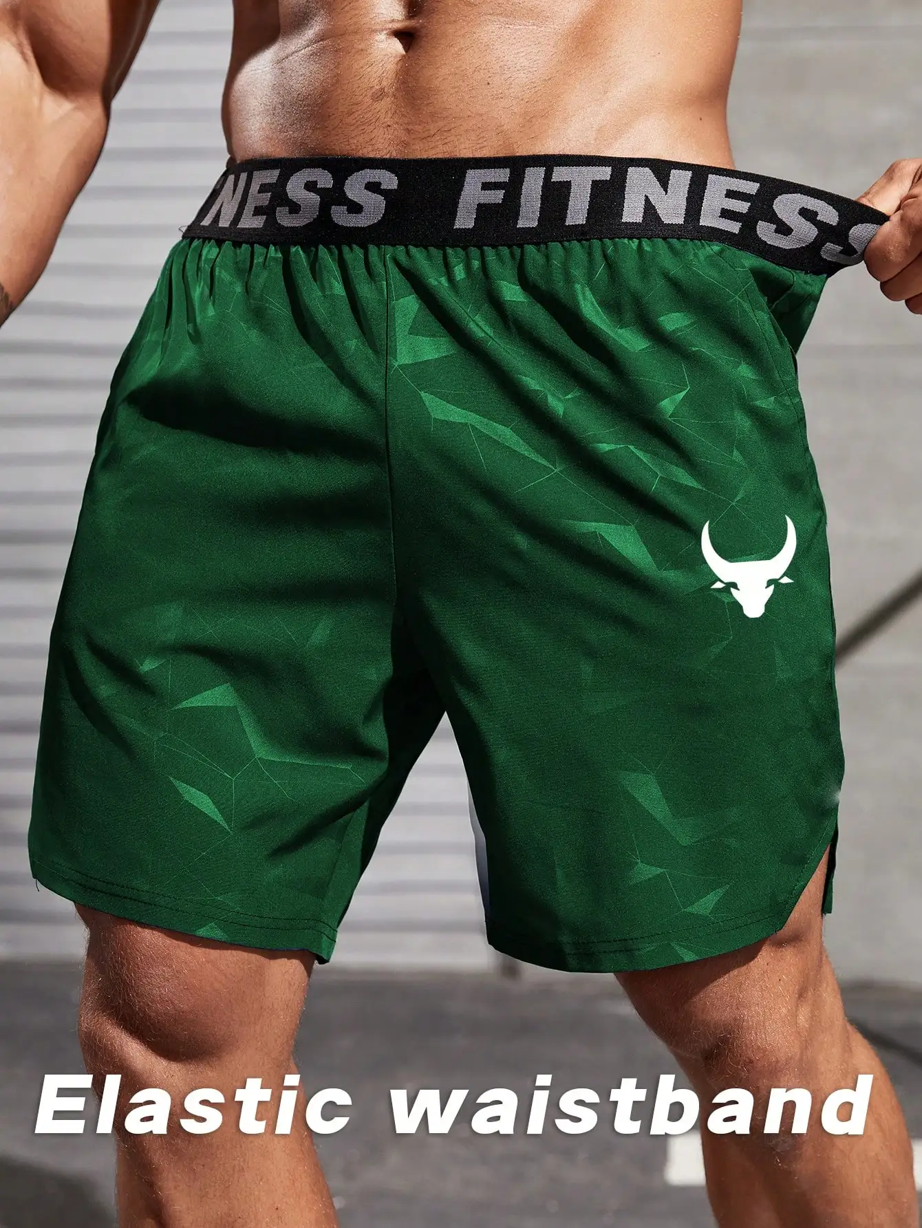 

Мужские зеленые шорты для фитнеса с принтом быка, эластичным поясом и технологией Dry Fit для тренажерного зала