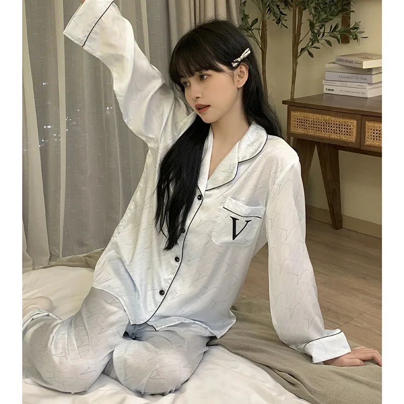 Princess Style Pajamas Lady Shirt&pants Luxury Print Letter Nightwear Ice Silk Trousers Suit 2Pcs Long Sleeve Homewear Sleep Set