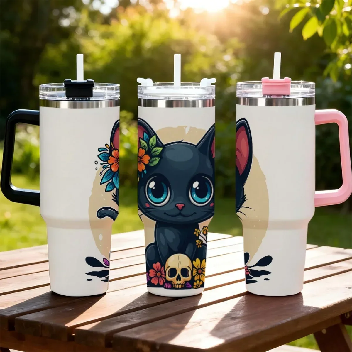 1pc 40oz Tumbler With Handle Lid Straw, Cute Black Cat Skull Floral Print Stainless Steel Insulated Travel Mug, **Only Black & White Handle Available, Pink Handle Not Included**, Reusable Hot Cold Beverage Cup For Car Office Women Gift