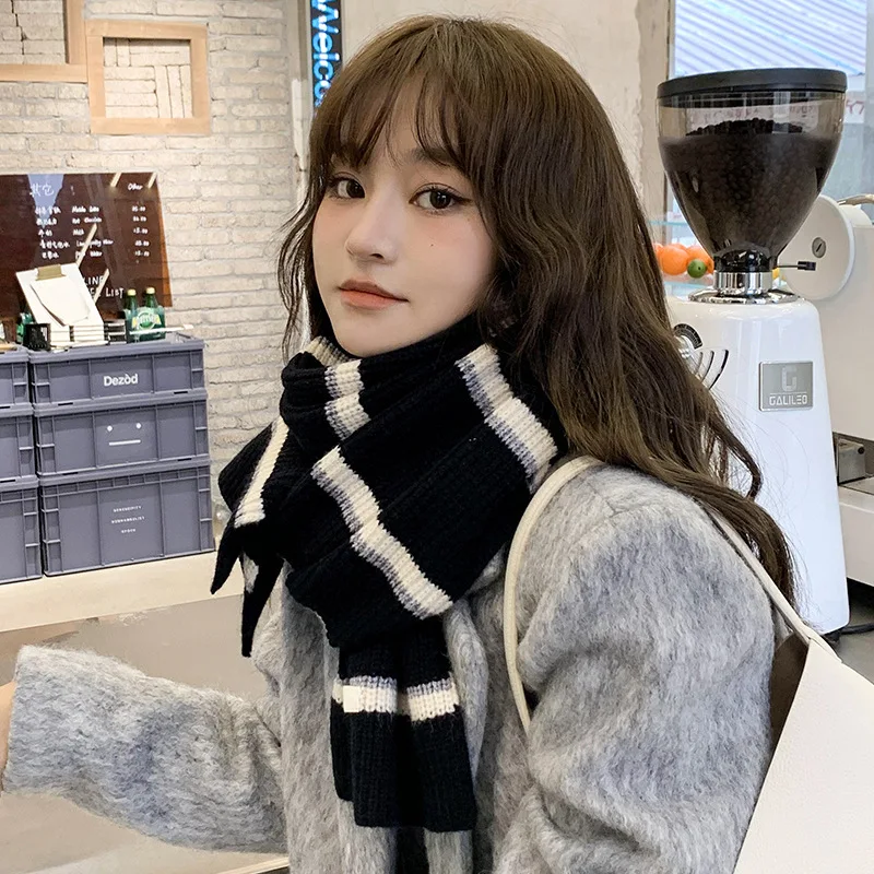 Imagen 5: Bufanda a rayas de moda cálida para invierno, bufanda tejida para mujer, cubierta para el cuello a prueba de viento, calentador térmico para el cuello, chal, bufandas largas gruesas