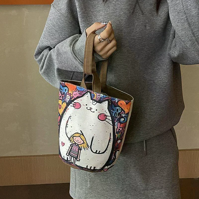 

2025 Portable Bucket Bag Hand-carrying Out Ins Canvas Bag Cute Girl Mobile Phone Female Bag