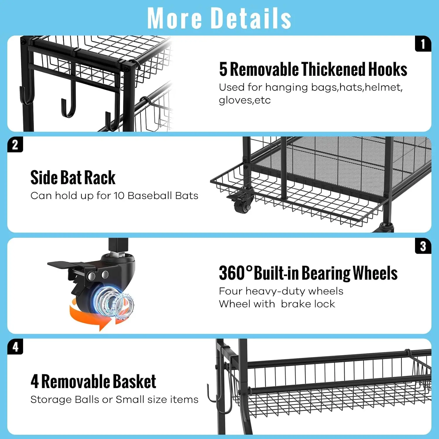 ที่จัดเก็บของในโรงรถพร้อมตะกร้าและตะขอ รถเข็นเก็บของแบบมีล้อสำหรับเก็บของเล่นและอุปกรณ์กีฬา