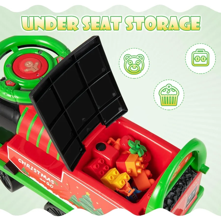 ライトとサウンド付きの6V電動おもちゃの電車に乗って、軌道を走る。シートの下に収納できるフットレスト、クリスマスをテーマにしたバッテリー付き。