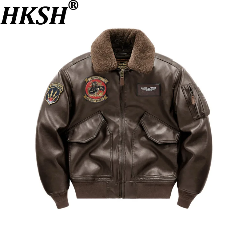 

HKSH Autumn Winter New Men's Tide Moto-Biker Vintage Fur Collar Embroidery PU Leather Jacket Punk Padded Coat Chic Ins HK14002