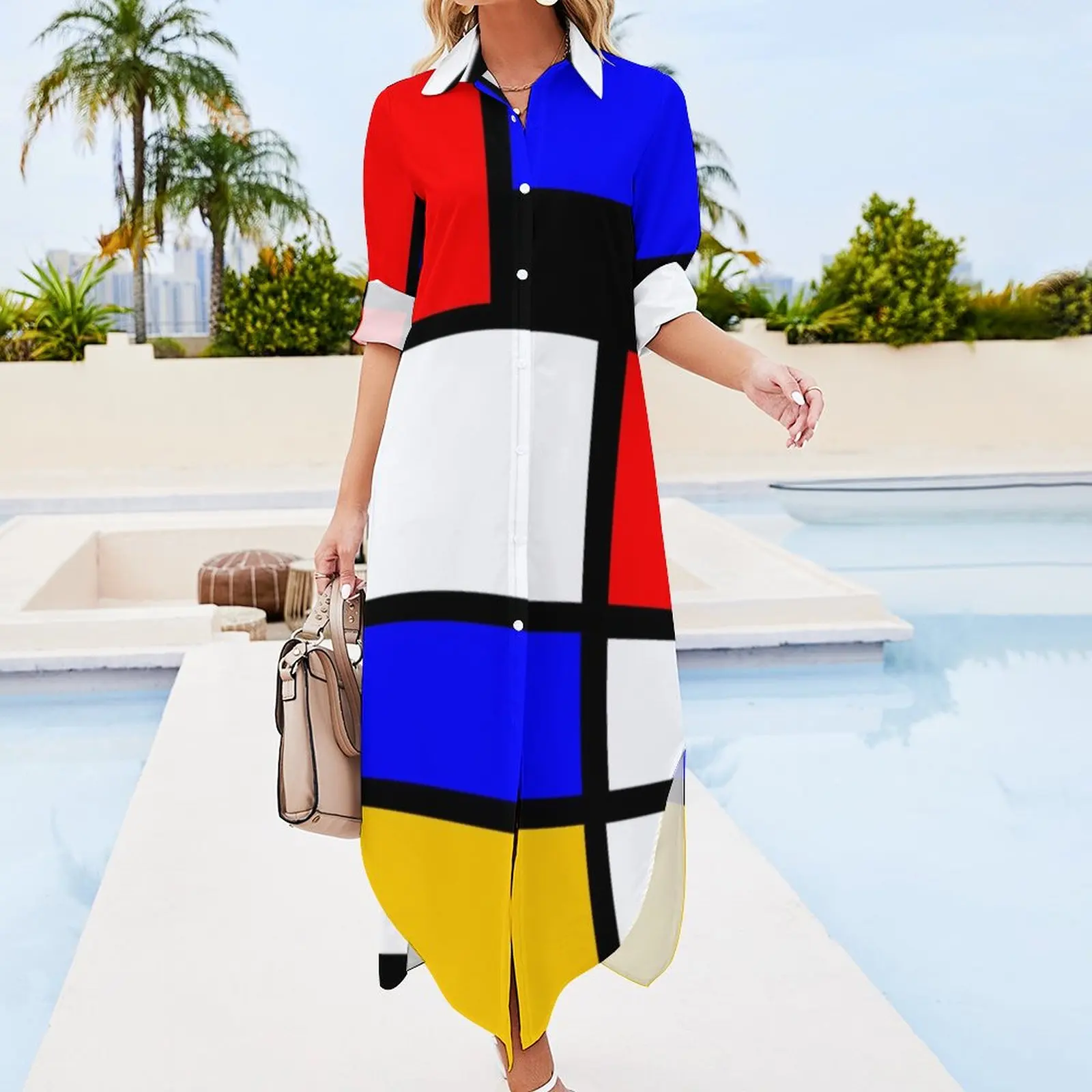 Multi Geometric Print Chiffon Dress Sexy V Neck Art Mondrian Style Festival Dresses Female Stylish Casual Dress Gift