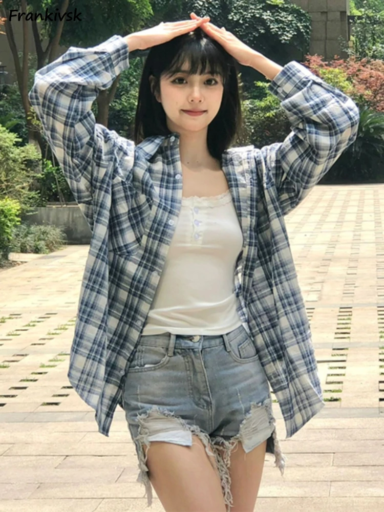 Plaid Shirts Women Youthful Popular Slouchy All-match Long Sleeves Japanese Style Hotsweet Fashion Couple Tops Autumn College