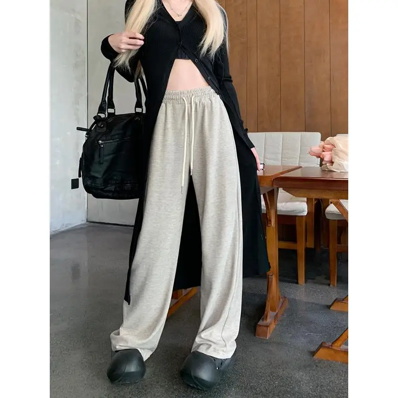 Ay Pantalones casuales hasta el suelo, cintura alta, Dstring, adelgazantes, drapeados, pierna recta, pantalones sueltos de pierna ancha para mujer