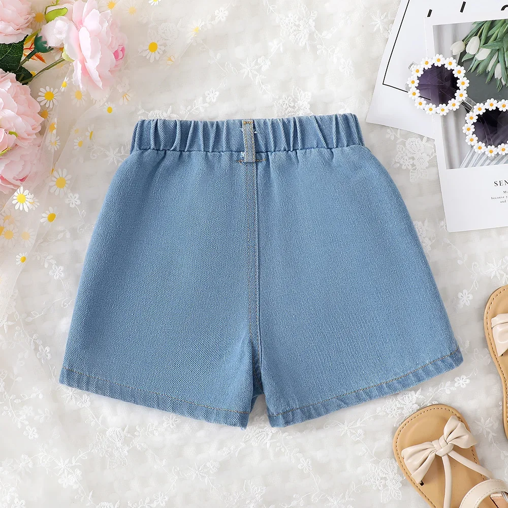 Kids Girls Fashion&Leisure Daisy Denim Shorts Blue Elastic Waistband Korean Style Shorts Outdoor Wear for Children 4-7 Ages