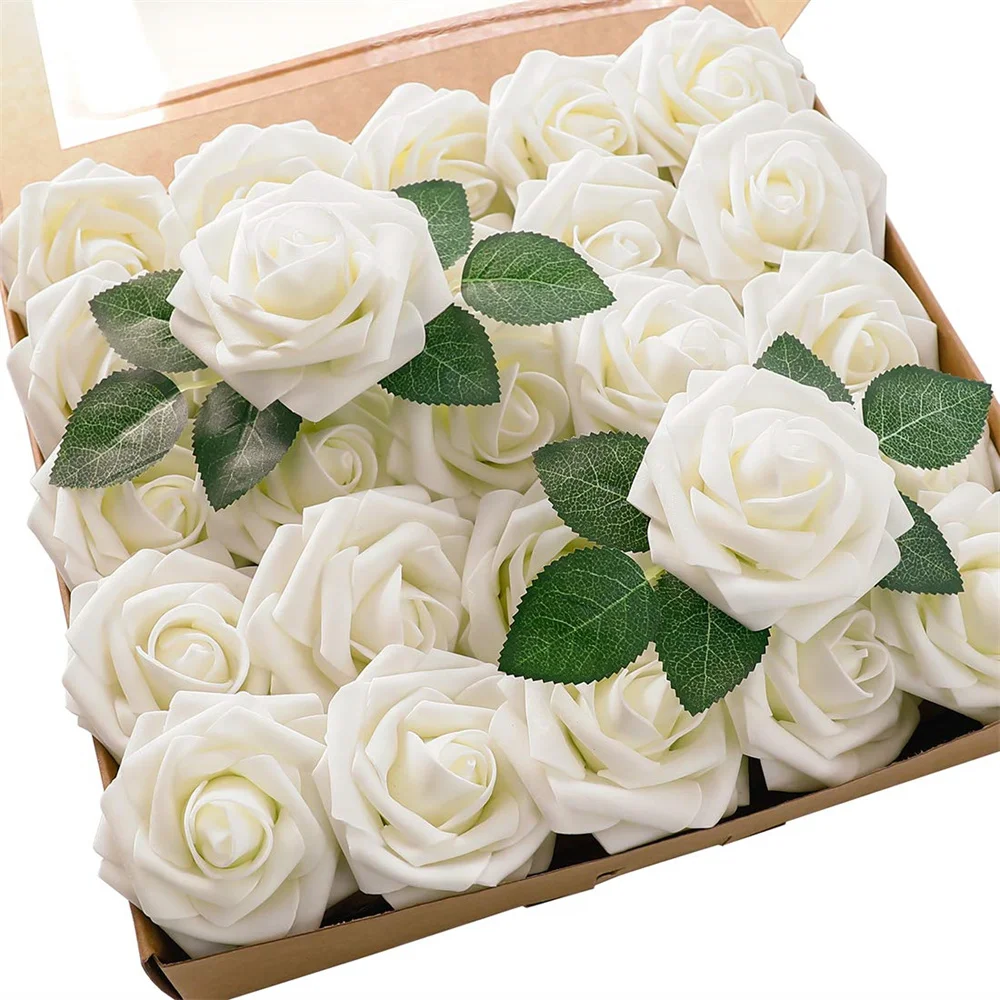 

​Artificial Roses 25pcs Ivory Foam with Stems for Wedding Bouquets White Bridal Shower Centerpieces ​Arrangements Party Tables
