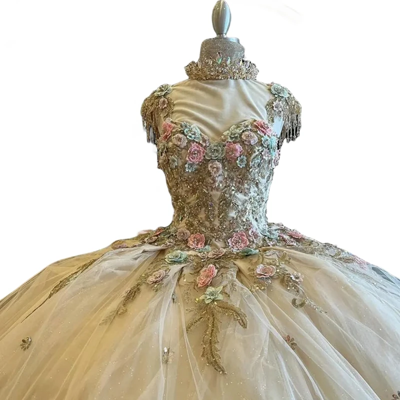 Vestidos Quinceanera com gola V para meninas, vestido com renda, vestido formal de baile, princesa árabe saudita, árabe, aplique de flores, 4ª festa, 15ª