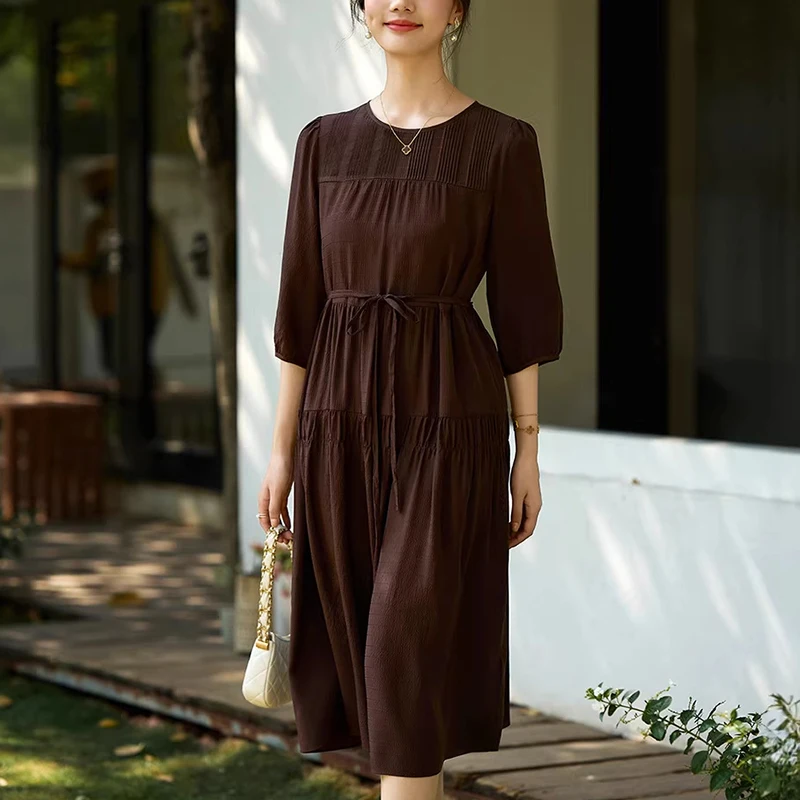 Elegant Fashion Dresses for Women Summer 100% Real Silk Three Quarter Sleeve Vintage Women's Solid Long Dress A-line