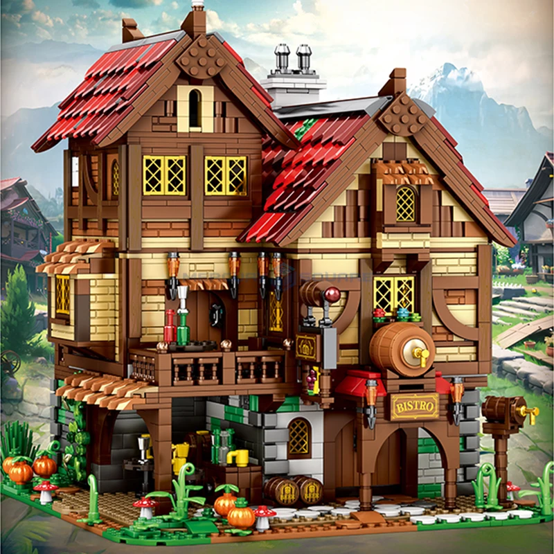 Mittelalterliche Taverne MOC 66018 Inn Architektur Ziegel Holzhaus Modulare Modellbausteine Geschenkideen DIY Spielzeug Kit Kinder Erwachsene