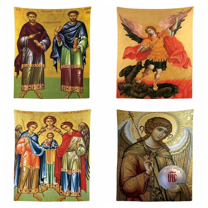 Martyrs Ss Cosmas And Damian Archangel Michael St.gabriel Byzantine Icon Tapestry By Ho Me Lili For Livingroom Wall Decor