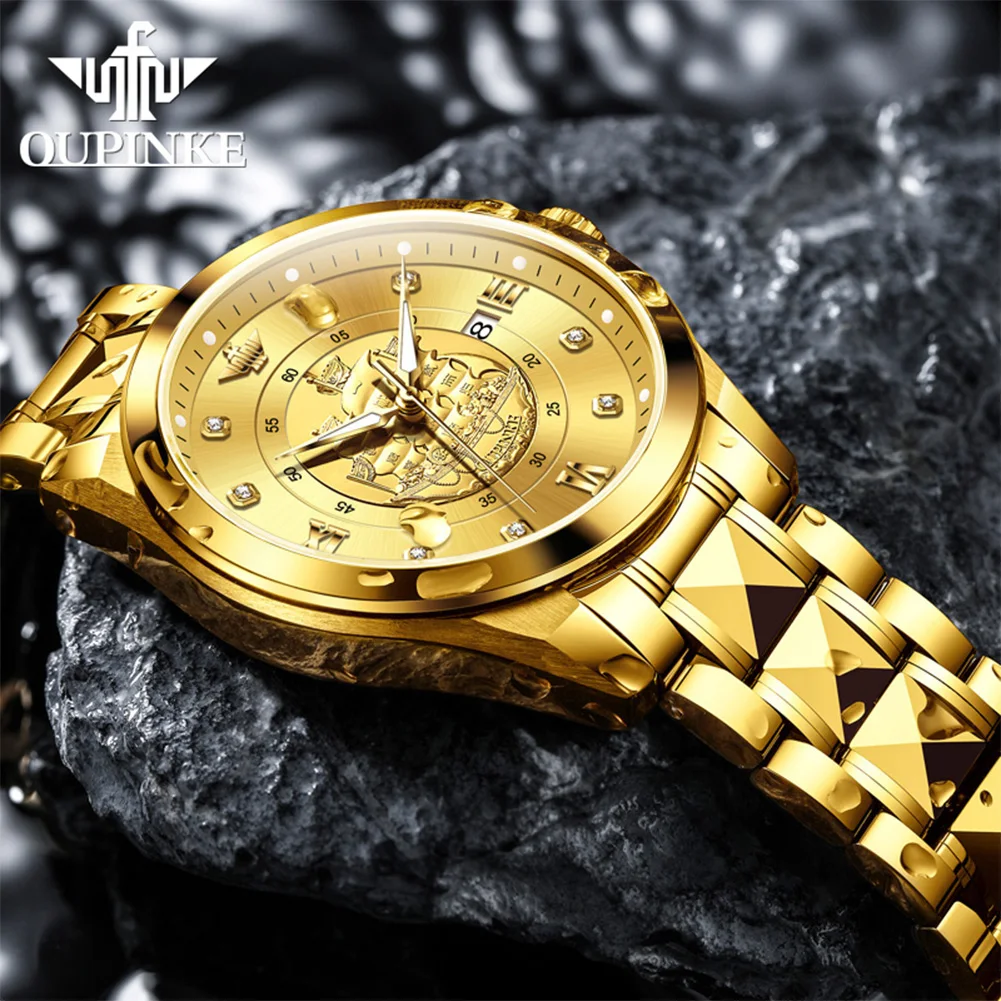 OUPINKE 3302 High Luxury Men Swiss Movement Automatic Mechanical Watch Gold Carving Tungsten Steel Waterproof Diamond Men Watch